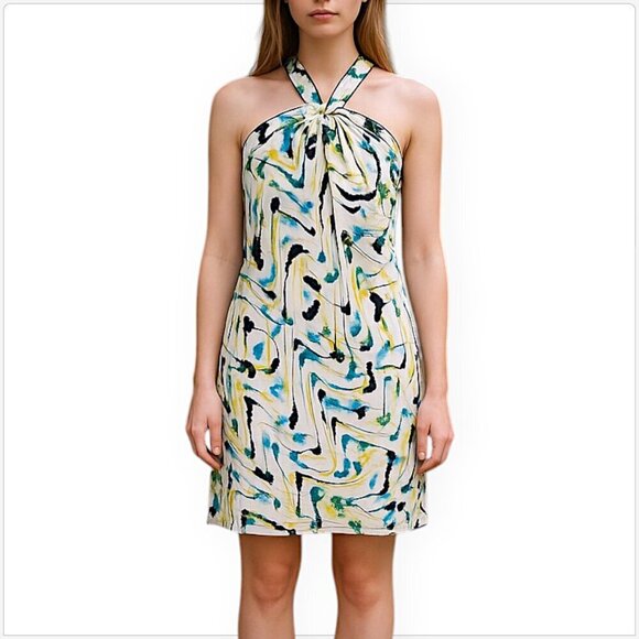W By Worth 100% Silk Colorful Printed Halter Slit Neck Summer Dress NWT NEW 0 - Picture 1 of 5